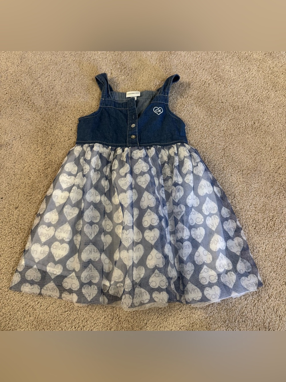 Calvin Klein Jeans Girls Toddler Navy and White Denim Heart Dress Size 5